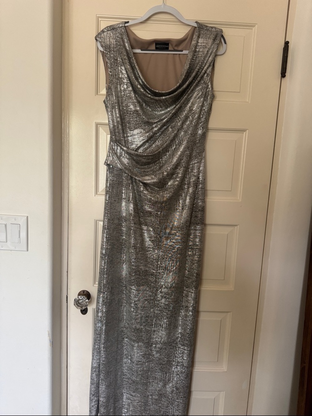 Wedding Mother of Bride Silver Metallic Cowl Neck Maxi Dress